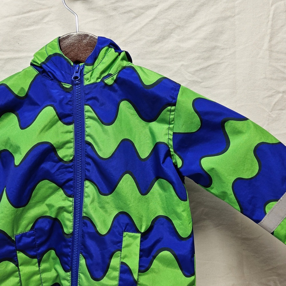 Marimekko Windbreaker Jacket Kids 24M Green Blue Wavy Abstract Hooded Zip Up
